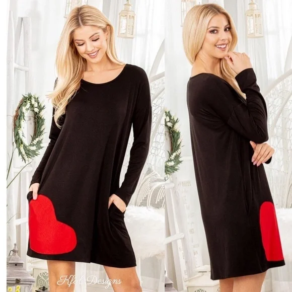 LAST 2! Very Soft Heart Patch Black Pocket Dress! - Picture 4 of 12